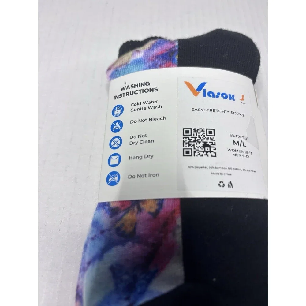 Viasox Easy Stretch Diabetic Socks Unisex Size M/L Colorful Butterfly Design
